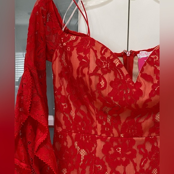 A'GACI Women's Red Lace Off The Shoulder Long Flutter Sleeve Mini Dress Size S - Picture 10 of 14